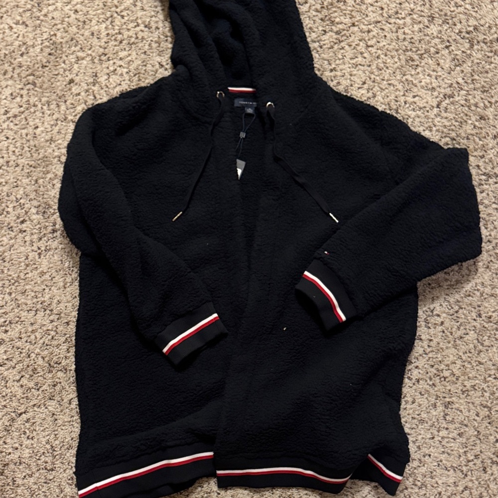Tommy Hilfiger Black Sherpa Jacket with Red and White Accents